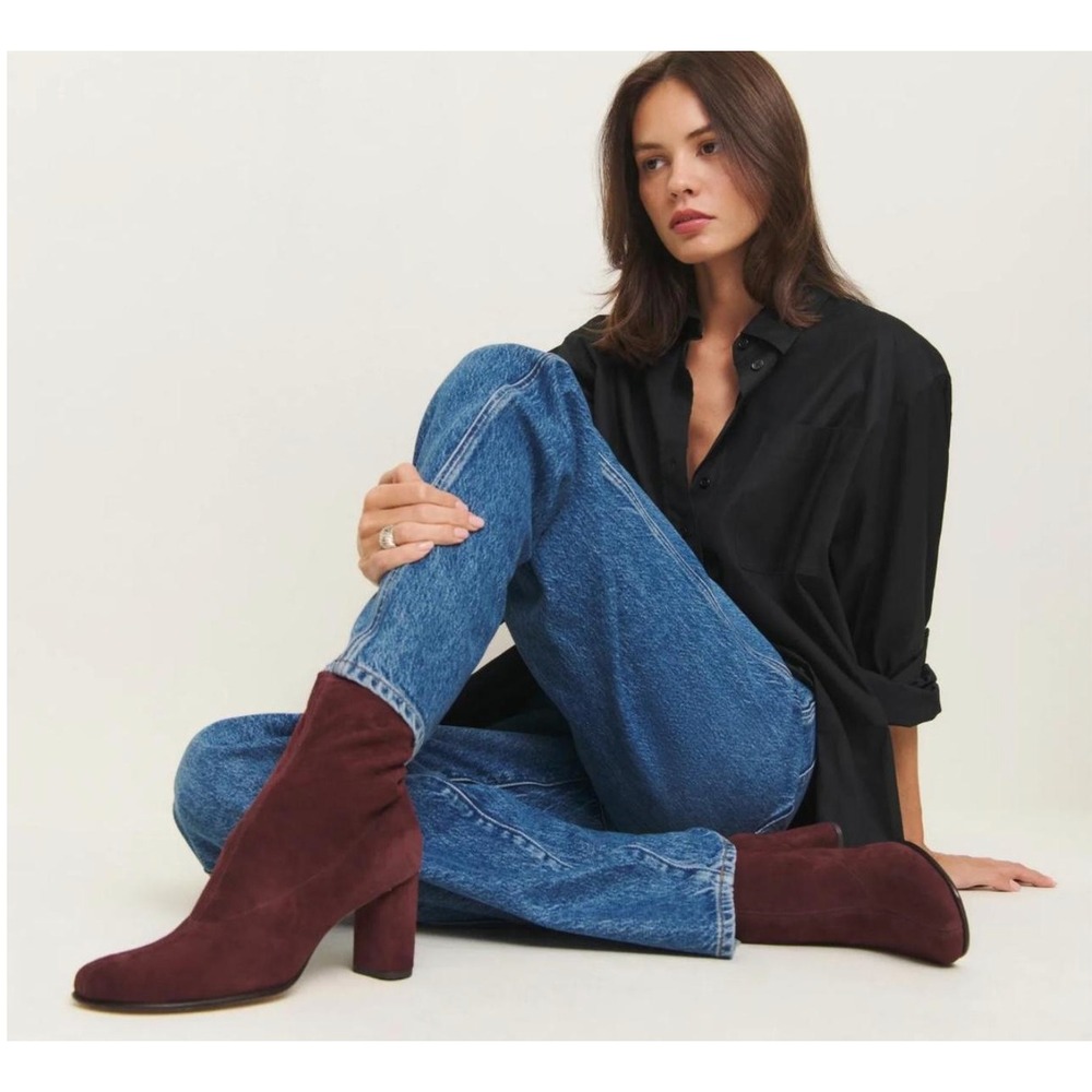 Reformation Boots 8 Burgundy Suede Square Toe Block Heel Sock Presley Minimalist